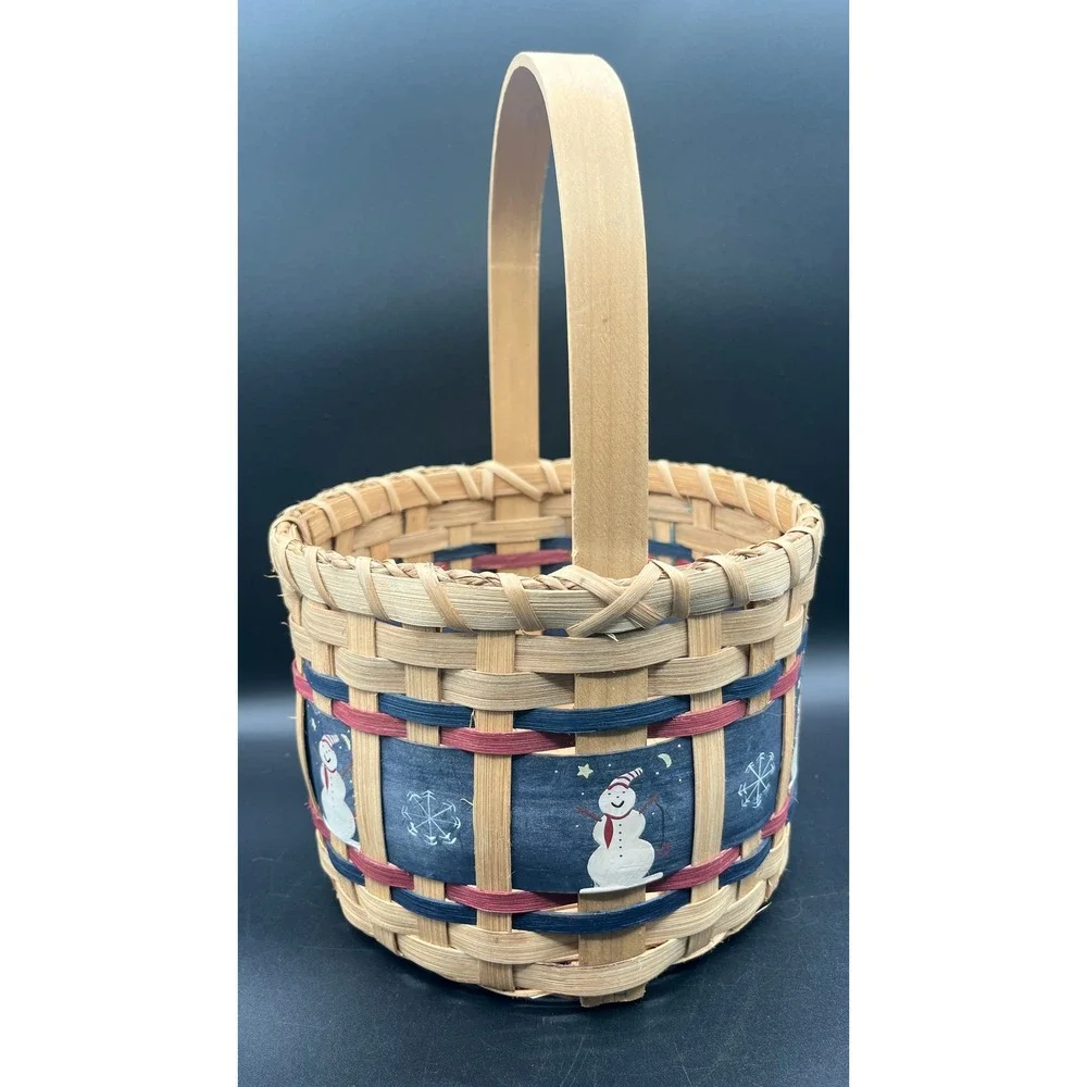 Hand Woven‎ Round Splint Basket Snowman Snowflake Winter Holiday Handle 12x8